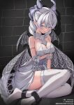  1girl absurdres ankle_cuffs arm_under_breasts armlet bare_shoulders blush breasts cleavage demon_girl demon_horns demon_wings detached_collar dress drill_hair duel_monster earrings grey_corset grey_eyes highres horns jewelry large_breasts long_hair looking_at_viewer lovely_labrynth_of_the_silver_castle open_mouth pointy_ears solo strapless strapless_dress thighhighs tokiyanagi transparent_wings twin_drills white_dress white_hair white_thighhighs wings yu-gi-oh! 