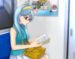  1girl absurdres alternate_costume alternate_universe aqua_sweater bag beard bespectacled black-framed_eyewear blue_hair book character_request commentary_request dragon_quest dragon_quest_iii dragon_quest_walk earrings facial_hair glasses hairband handbag highres holding holding_book in-franchise_crossover jewelry long_hair momoiito monan neckerchief office_lady open_book pink_sanguini reading red_eyes red_neckerchief sage_(dq3) semi-rimless_eyewear sitting skirt sleeveless sleeveless_sweater sleeveless_turtleneck sleeveless_turtleneck_sweater slime_(dragon_quest) solo sphere_earrings sweater train train_interior translation_request turtleneck white_facial_hair white_skirt yellow_hairband 
