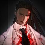  1boy black_eyes black_necktie blood blood_from_forehead blood_on_clothes blood_on_face brown_hair coat collared_shirt dreadlocks head_tilt high_ponytail highres library_of_ruina looking_at_viewer male_focus necktie olivier_(project_moon) ponytail portrait project_moon serious shirt solo suit white_coat white_shirt white_suit wuruko 