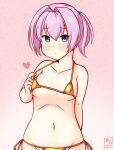  1girl alternate_costume artist_logo bikini blue_eyes breasts covered_nipples dated gold_bikini gradient_background hair_intakes kanon_(kurogane_knights) kantai_collection logo micro_bikini one-hour_drawing_challenge pink_background pink_hair ponytail shiranui_(kancolle) short_hair side-tie_bikini_bottom small_breasts solo swimsuit 