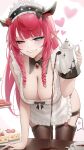  +_+ 1girl absurdres apron aqua_eyes black_horns blush breasts brown_thighhighs cake cake_slice cleavage commentary cup curly_hair english_commentary food grin heart heterochromia highres holding holding_kettle hololive hololive_english horns irys_(hololive) kettle large_breasts long_hair looking_at_viewer maid_headdress narrowed_eyes pink_eyes pink_hair pointy_ears simple_background smile solo somebody_(leiking00) teacup thighhighs thighs virtual_youtuber white_apron white_background 