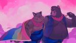 16:9 absurd_res anthro bear belly biped blue_bottomwear blue_clothing blue_overalls blue_shorts bottomwear brown_body clothed clothing cloud duo felid flower_necklace hi_res lgbt_pride lgbt_pride_month male mammal multicolored_body navel open_clothing overalls overweight overweight_anthro overweight_male pantherine pride_colors purple_sky ring shorts sky sparkles striped_arms tail tiger two_tone_body unatazaamarilla widescreen