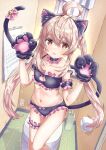  1girl ahoge animal_ear_fluff animal_ears animal_hands bell black_bra black_choker black_hairband black_panties blonde_hair blush bow bow_panties bra breasts cat_ears cat_lingerie cat_tail choker cleavage cleavage_cutout clothing_cutout collarbone fake_animal_ears floating_hair frilled_bra frilled_choker frilled_panties frills gloves hair_between_eyes hairband highres indoors long_hair looking_at_viewer navel onii-chan_wa_oshimai! open_mouth oyama_mahiro panties paw_gloves pink_bow qussie red_eyes small_breasts solo standing tail tail_bell tail_bow tail_ornament thigh_gap thigh_strap toilet twintails underwear underwear_only very_long_hair 