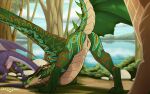 16:10 absurd_res anus ass_up butt dragon dreyk-daro erection european_mythology eye_roll female female_focus feral genitals green_body green_scales hi_res horn lake long_neck membrane_(anatomy) membranous_wings mythological_creature mythological_scalie mythology nature penis plant presenting presenting_hindquarters raised_tail scales scalie solo solo_focus spiked_tail spikes spikes_(anatomy) tail tongue tongue_out tree ventral_scales vulva western_dragon widescreen wings