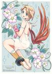  1girl absurdres barefoot blonde_hair breath_of_fire breath_of_fire_v dress facial_mark flower full-body_tattoo full_body highres looking_at_viewer maruno nina_(breath_of_fire_v) open_mouth panties red_wings see-through_clothes short_hair smile solo tattoo underwear white_dress white_panties wings 