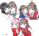  4girls anyoji_hime arched_crown ascot black_hair blue_flower blue_hairband blue_jacket blue_rose blunt_bangs blunt_ends blunt_sidelocks bob_cut bow bow-shaped_hair bow_earrings bowtie brown_bow brown_bowtie brown_hair compass_(love_live!) crown do!_do!_do!_(love_live!) dream_believers dress earrings flower flower_hairband fujishima_megumi hair_bow hair_intakes hairband heart_crown highres jacket jewelry kachimachi_kosuzu link!_like!_love_live! long_hair long_sleeves love_live! momose_ginko moso_(expect66) multi-tied_hair multiple_girls multiple_views official_alternate_costume open_clothes open_jacket pink_dress pink_eyes puffy_short_sleeves puffy_sleeves purple_eyes red_bow red_crown red_dress rose short_hair short_sleeves sidelocks sleeveless sleeveless_dress two_side_up virtual_youtuber white_ascot zenhoi_kyun 