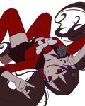  1girl black_skirt brown_hair closed_mouth danganronpa_(series) danganronpa_v3:_killing_harmony harukawa_maki knees_up long_hair looking_at_viewer low_twintails lying on_back pleated_skirt red_eyes red_scrunchie red_shirt red_thighhighs rv_3_0_(8_mitsu) scrunchie shirt simple_background skirt solo thighhighs twintails white_background 