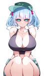  1girl alternate_breast_size blue_eyes blue_hair breasts cleavage green_hat hair_bobbles hair_ornament hat highres huge_breasts kawashiro_nitori looking_at_viewer midriff raptor7 simple_background solo touhou twintails white_background 