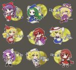  6+girls :d :o adjusting_eyewear apron asakura_rikako barefoot black_cape black_pants blonde_hair blue_dress blue_hat blue_neckerchief blue_sailor_collar blush borrowed_character bow broom broom_riding brown_shoes cape chibi chibi_only closed_mouth commentary dress ellen_(touhou) everyone frilled_dress frills full_body ghost_tail gohei green_eyes green_hair grey_background grin hair_between_eyes hair_bow hairband hakama hakama_pants hakurei_reimu hakurei_reimu_(pc-98) hand_up hat hat_bow hat_ribbon highres holding holding_gohei jacket japanese_clothes kana_anaberal kimono kirisame_marisa kirisame_marisa_(pc-98) kitashirakawa_chiyuri kotohime_(touhou) long_hair long_sleeves looking_at_viewer mima_(touhou) mirei_(miirei) multiple_girls neckerchief okazaki_yumemi one_eye_closed open_mouth outline pants phantasmagoria_of_dim.dream purple_eyes purple_hair purple_shirt purple_skirt red_bow red_cape red_eyes red_hair red_hairband red_hakama red_ribbon red_shoes red_skirt red_vest ribbon sailor_collar shirt shoes short_hair short_sleeves shorts skirt skirt_set smile standing touhou touhou_(pc-98) translation_request twintails two-sided_cape two-sided_fabric v v-shaped_eyebrows vest white_apron white_dress white_hairband white_hat white_jacket white_kimono white_outline white_shirt white_shoes white_shorts yellow_bow yellow_eyes 