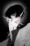  1boy attack benkdjjituibot black_background black_hair black_shirt blood blood_from_eyes blood_from_mouth blood_on_face bullet_hole coat collared_shirt greyscale head_tilt highres imminent_death injury kim_dokja looking_at_viewer male_focus monochrome omniscient_reader&#039;s_viewpoint open_mouth projectile_trail red_eyes shirt short_hair solo teeth tongue tongue_out upper_body upper_teeth_only white_coat 