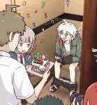  3boys 3girls :o ahoge black_hair black_pants black_shirt book brown_hair cake camera danganronpa_(series) danganronpa_2:_goodbye_despair food green_jacket happy_birthday hinata_hajime holding holding_camera jacket kmnm_1403 koizumi_mahiru komaeda_nagito medium_hair mioda_ibuki multiple_boys multiple_girls nanami_chiaki neck_ribbon nidai_nekomaru open_book open_clothes open_door open_jacket pants print_shirt red_hair ribbon shirt sitting taking_picture toilet toilet_use two-tone_shirt white_shirt 