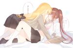  2girls between_legs black_skirt black_socks blonde_hair blush bra brown_hair collared_shirt commentary_request fate_testarossa grey_jacket hand_on_another&#039;s_face highres holding_another&#039;s_wrist jacket long_hair lyrical_nanoha mahou_shoujo_lyrical_nanoha multiple_girls open_clothes open_shirt orange_eyes parted_lips pink_bra pleated_skirt purple_eyes shirt shiyoi side_ponytail simple_background skirt socks speech_bubble takamachi_nanoha translation_request underwear white_background white_shirt white_socks yuri 