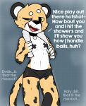 anthro black_spots bodily_fluids breasts camel_toe cheetah clothed clothing collar dialogue english_text felid feline female front_view fur hi_res looking_at_viewer mammal one_eye_closed opie_(sleepysheepy17) pasties seductive sleepysheepy17 small_breasts solo spots sweat tail text towel towel_around_neck underwear underwear_only wink winking_at_viewer yellow_body yellow_fur