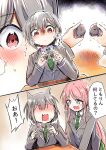  2girls bang_dream! bang_dream!_it&#039;s_mygo!!!!! blush brown_eyes chihaya_anon closed_mouth commentary fang green_necktie grey_eyes grey_hair haneoka_school_uniform highres icarus_(2010741) long_hair multiple_girls necktie open_mouth pink_hair school_uniform short_hair takamatsu_tomori translated 