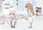  4girls bang_dream! bang_dream!_it&#039;s_mygo!!!!! black_boots black_hair black_jacket black_shirt blue_skirt boots brown_hair chihaya_anon commentary dog dress fang grey_dress grey_eyes grey_skirt highres holding holding_leash jacket kneeling leash long_hair lyy medium_hair multiple_girls nagasaki_soyo one_eye_closed open_mouth pinafore_dress pink_hair plaid_clothes plaid_dress red_shirt shiina_taki shirt sidelocks skin_fang skirt sleeveless sleeveless_dress symbol-only_commentary thumbs_up white_jacket white_skirt yahata_umiri 