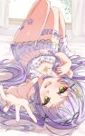  1girl :d absurdres bare_arms black_hairband blush camisole choker crescent_pendant flat_chest from_behind green_eyes grey_hair hair_ornament hairband hairclip highres hololive indoors looking_at_viewer lying murasaki_shion nail_polish on_back panties purple_choker purple_nails qussie shiny_skin smile socks solo triangle_hair_ornament underwear virtual_youtuber white_camisole white_panties white_socks x_hair_ornament 