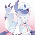  3_toes absol ambiguous_gender blue_skin blush chest_tuft claws cotora cute_fangs eyelashes feral fur looking_at_viewer nintendo one_eye_closed open_mouth pink_nose pok&eacute;mon pok&eacute;mon_(species) red_eyes snout solo spread_legs spreading toes tuft video_games white_fur 