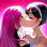  2girls alien_stage black_hair chinese_commentary closed_eyes commentary earrings hairband highres jewelry kiss mizi_(alien_stage) multiple_girls pearl_earrings pink_background pink_hair short_hair sua_(alien_stage) watermark weibo_7785509564 weibo_username weibo_watermark white_hairband yuri 