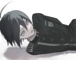  1boy ahoge arms_behind_back black_hair black_jacket brown_eyes buttons d: danganronpa_(series) danganronpa_v3:_killing_harmony double-breasted hair_between_eyes jacket long_sleeves lying male_focus on_side saihara_shuichi short_hair simple_background solo striped_clothes striped_jacket sukizukiko white_background 