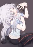  1girl ass blue_eyes blush breasts butt_crack commentary_request deux_murasame grey_hair gundam gundam_gquuuuuux heavy_breathing highres holding holding_mask ikue_fuuji long_hair looking_at_viewer mask open_mouth saliva scarf sitting small_breasts smile solo 