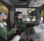  2girls black_hair blonde_hair blue_eyes can chito_(shoujo_shuumatsu_ryokou) dnjd15411541 drink_can driving eating food_in_mouth fur-trimmed_jacket fur_trim green_jacket highres jacket left-hand_drive long_hair long_sleeves low_twintails motor_vehicle multiple_girls nuko_(shoujo_shuumatsu_ryokou) rain shoujo_shuumatsu_ryokou soda_can truck truck_interior twintails vehicle_interior yuuri_(shoujo_shuumatsu_ryokou) 