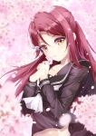  1girl absurdres black_sailor_collar black_serafuku black_shirt cherry_blossoms collarbone collared_shirt floating_hair hair_between_eyes hair_ornament hairclip highres hoijin long_hair long_sleeves looking_at_viewer love_live! love_live!_sunshine!! neckerchief open_mouth red_hair sailor_collar sakurauchi_riko school_uniform serafuku shirt solo spring_(season) standing upper_body uranohoshi_school_uniform very_long_hair white_neckerchief yellow_eyes 