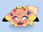 absurd_res blush bow_ribbon brown_body chibi clothing costume daww eevee female feral food generation_1_pokemon gracie_(sweetcupcake) happy harmlessnoodle heterochromia hi_res muffin nintendo onesie pokemon pokemon_(species) simple_background solo yellow_clothing