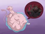 2018 after_vore belly big_belly black_body black_fur duo dweet-tea female feral fur generation_1_pokemon generation_5_pokemon legendary_pokemon mew_(pokemon) nintendo overweight pink_body pokemon pokemon_(species) purple_background simple_background vore zoroark