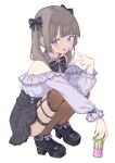  1girl bare_shoulders black_bow black_shoes black_skirt blunt_bangs blush boots bow bowtie breasts brooch brown_hair brown_thighhighs can drink_can energy_drink garter_straps grey_shirt hair_bow highres holding holding_can jewelry jirai_kei long_hair long_sleeves looking_at_viewer maigoyaki medium_breasts off-shoulder_shirt off_shoulder original platform_boots purple_eyes purple_shirt shirt shoes simple_background skindentation skirt smile soda_can solo squatting thigh_strap thighhighs tongue tongue_out twintails white_background 