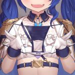  1girl amamiya_kokoro blue_hair bow bow_panties commission epaulettes eyes_out_of_frame facing_viewer fang gloves head_out_of_frame holding holding_panties holding_underwear holding_unworn_clothes long_hair nijisanji open_mouth panties pixiv_commission presenting_removed_panties skin_fang solo torimaru twintails underwear unworn_panties virtual_youtuber white_gloves 
