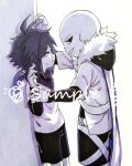  2boys absurdres against_wall antenna_hair black_hair black_hood black_sclera black_shirt black_shorts cape chinese_commentary closed_eyes colored_sclera colored_skin commentary_request cowboy_shot drop_shadow film_grain frisk_(undertale) from_side fur-trimmed_jacket fur_trim grin highres hood hood_down hooded_jacket interspecies jacket layered_sleeves long_sleeves male_focus multiple_boys nishinianshaodehuanxi137 parted_lips profile sample_watermark sans_(undertale) shirt short-sleeved_jacket short_hair short_over_long_sleeves short_sleeves shorts sideways_mouth simple_background skeleton smile standing undertale watermark white_background white_cape white_eyes white_jacket white_shirt white_skin xtale yaoi 