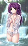  akai_ibara areolae blush cameltoe covering covering_breasts crossed_arms day flat_chest fundoshi hair_ribbon highres japanese_clothes long_hair mole mole_under_eye navel nipples no_bra no_pants open_clothes open_shirt outdoors puffy_nipples purple_hair pussy ribbon see-through shinazu_fujimi shirt solo wading water waterfall wet wet_clothes wet_fundoshi yamakasa yellow_eyes zundarepon 