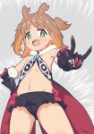  +_+ 1girl :d \m/ absurdres bare_shoulders black_panties black_skirt bow brown_hair colored_inner_hair commentary_request cosplay cowboy_shot emphasis_lines fang flat_chest fur_trim gauntlets green_eyes grey_background groin hair_intakes hand_on_own_hip highres looking_at_viewer microskirt multicolored_hair namari_siro navel oka_asahi onii-chan_wa_oshimai! open_mouth orange_hair panties pleated_skirt red_bow sekai_seifuku:_bouryaku_no_zvezda simple_background skirt smile solo star_(symbol) stomach teeth textless_version two-tone_hair two_side_up underwear upper_teeth_only venera-sama venera-sama_(cosplay) 