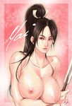  breasts brown_eyes brown_hair closed_fan fan fatal_fury folding_fan hair_ribbon large_breasts lips momojiri_(kari) nipples nude ponytail puffy_nipples ribbon shiranui_mai simple_background solo the_king_of_fighters 