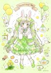  1girl animal_ears balloon bird checkerboard_cookie closed_mouth commentary_request cookie cup dandelion dress emo_(mikan) flower food full_body green_background green_bag green_dress green_eyes green_hair green_ribbon green_shoes green_socks green_theme hair_ribbon heart_balloon holding holding_balloon long_hair long_sleeves looking_at_viewer original rabbit rabbit_ears ribbon shoes smile socks solo spoon teabag teacup teapot twintails very_long_hair 