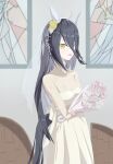  1girl absurdres ahoge animal_ears bare_shoulders black_hair bouquet breasts cleavage collarbone dress ear_covers flower flower_request hair_between_eyes hairband highres holding holding_bouquet horse_ears horse_girl horse_tail long_hair long_hair_between_eyes manhattan_cafe_(umamusume) multicolored_hair parted_lips pink_flower see-through_clothes see-through_dress sleeveless sleeveless_dress small_breasts smile solo stained_glass tail tp_tof umamusume veil very_long_hair wedding_dress white_dress white_flower white_hair white_hairband white_veil yellow_eyes 