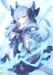  1girl ahoge bare_shoulders black_bow black_dress black_gloves black_pantyhose bow dress gloves green_eyes green_hair gwen_(league_of_legends) hair_bow hand_up highres holding holding_scissors league_of_legends oversized_object pantyhose pommiyo scissors smile solo white_dress 
