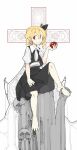  1girl alternate_color apple ascot barefoot black_ribbon black_skirt black_vest blonde_hair bolos collar cross flandre_scarlet food fruit hair_ribbon highres holding holding_food holding_fruit pointy_ears red_eyes ribbon shirt skirt solo touhou vampire vest white_ascot white_collar white_shirt 