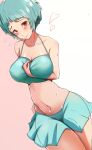  1girl andou aqua_bikini aqua_hair arm_between_breasts bare_shoulders between_breasts bikini bikini_skirt blush breasts brown_eyes closed_mouth heart highres large_breasts looking_at_viewer persona persona_3 short_hair simple_background stomach swimsuit yamagishi_fuuka 