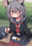  1girl alternate_costume animal_ears arm_at_side bag bandaid bandaid_on_cheek bandaid_on_face bench bento bespectacled blurry blurry_background blush buttons cardigan casual cheese chopsticks closed_mouth contemporary day double-parted_bangs earrings fingernails food furrowed_brow glasses hair_between_eyes highres holding holding_chopsticks jewelry long_fingernails long_sleeves miniskirt mouse_ears mouse_girl mouse_tail nazrin on_bench open_cardigan open_clothes outdoors pants pants_under_skirt red_nails rice sailor_collar school_uniform serafuku shirt single_earring sitting siw0n skirt solo tail textless_version touhou track_pants unbuttoned 