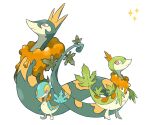  alternate_color alternate_design alternate_shiny_pokemon colored_skin evolutionary_line full_body green_eyes green_skin highres leaf maple_leaf no_humans orange_skin pokemon pokemon_(creature) serperior servine simple_background slit_pupils snake snivy standing white_background wulie_errr yellow_skin 