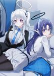  2girls alternate_hairstyle black_halo black_pantyhose black_suit blue_archive coat cosplay costume_switch hairstyle_switch halo headgear highres jacket long_hair looking_at_viewer lying multiple_girls noa_(blue_archive) noa_(blue_archive)_(cosplay) on_bed pantyhose pleated_skirt purple_eyes purple_hair shiraae_quartet skirt smile suit two-sided_fabric two-sided_jacket two_side_up unworn_coat white_hair white_halo white_skirt white_suit yuuka_(blue_archive) yuuka_(blue_archive)_(cosplay) 
