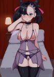  1girl absurdres alternate_breast_size araaraneko arm_up asymmetrical_bangs babydoll bar_censor bed black_choker black_garter_belt black_hair black_thighhighs blush bra breasts censored choker collarbone cowboy_shot crotchless crotchless_panties cupless_bra curtains curvy earrings female_pubic_hair garter_belt green_eyes hair_ribbon highres jewelry lamp large_breasts looking_at_viewer marnie_(pokemon) navel nightstand nipples panties parted_lips pokemon pokemon_swsh pubic_hair purple_panties ribbon see-through_babydoll see-through_clothes single_earring solo stomach thighhighs thighs undercut underwear 