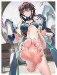  1girl absurdres aqua_gloves bare_legs bare_shoulders barefoot bead_necklace beads bm_(bm364364) breasts brown_hair chinese_commentary closed_mouth clothing_cutout crossed_legs dna earrings english_commentary feet gloves green_eyes green_nails hair_between_eyes hair_intakes hands_up highres holding holding_shoes holding_unworn_clothes honkai:_star_rail honkai_(series) jewelry large_breasts legs light_blush long_hair looking_at_viewer mixed-language_commentary multilingual_commentary nail_polish necklace ruan_mei_(honkai:_star_rail) shoes shoulder_cutout sitting soles solo thigh_strap thighs toenail_polish toenails toes unworn_shoes 