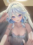  1boy 1girl absurdres ahoge alternate_costume armpit_crease babydoll bare_shoulders blue_babydoll blue_eyes blue_hair blue_pupils blush breasts collarbone commentary covered_navel drop-shaped_pupils english_commentary furina_(genshin_impact) genshin_impact hair_between_eyes hair_intakes heterochromia highres indoors looking_at_viewer medium_breasts medium_hair open_mouth panties pov pov_hands smile strap_slip symbol-shaped_pupils under_covers underwear vitaminechan white_panties 