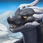 1:1 anthro blue_sky bust_portrait day dragon grey_body grey_scales grin horn looking_at_viewer male male_anthro mythological_creature mythological_scalie mythology outside portrait red_sclera ridged_horn rock scales scalie sky slash_freezen smile solo white_horn yellow_eyes