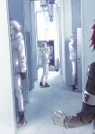  6+boys absurdres aotsuki_eito armband black_gloves black_shoes blue_eyes breast_pocket chinese_commentary clone facial_recognition glasses gloves grey_hair hallway highres jacket last_defense_academy_school_uniform looking_at_another male_focus multiple_boys out_of_frame pants pocket red_hair school_uniform shoes short_hair shuimu_guan smile spoilers sumino_takumi the_hundred_line_-last_defense_academy- white_armband white_gloves white_jacket white_pants 