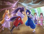  6+girls absurdres animal_ear_fluff animal_ears arm_up black_hair black_socks blue_eyes blue_hair blue_hakama brown_eyes brown_hair cat_ears clenched_teeth commentary_request day detached_sleeves dual_wielding electricity folded_ponytail fox_ears fox_girl fox_tail green_eyes hakama hakama_pants hakama_skirt hands_up highres holding holding_sheath holding_sword holding_weapon indoors iroha_(iroha_matsurika) japanese_clothes katana kimono kneeling kohaku_(iroha_(iroha_matsurika)) koyoi_(iroha_(iroha_matsurika)) kunoichi-chan_(iroha_(iroha_matsurika)) long_hair long_sleeves miko multiple_girls mutsuki_(iroha_(iroha_matsurika)) open_mouth original own_hands_together pants pink_kimono ponytail purple_eyes red_hakama ribbon-trimmed_sleeves ribbon_trim sheath skirt sleeveless sleeveless_kimono socks sword tabi tail tasuki teeth unsheathed v-shaped_eyebrows very_long_hair wavy_mouth weapon white_hakama white_kimono white_sleeves white_socks wide_sleeves wolf_ears wolf_girl wolf_tail 