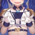  1girl amamiya_kokoro blue_hair bow bow_panties commission epaulettes eyes_out_of_frame facing_viewer fang gloves head_out_of_frame holding holding_panties holding_underwear holding_unworn_clothes long_hair nijisanji open_mouth panties pixiv_commission presenting_removed_panties revision skin_fang solo torimaru twintails underwear unworn_panties virtual_youtuber white_gloves 