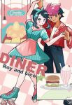  1boy 1girl alternate_costume apron black_hair black_pants blue_eyes bow_hairband burger character_name commentary_request demekin2333 dessert dress food green_dress hairband heart_sticker holding_hands jacket liko_(pokemon) looking_at_viewer multicolored_hair open_clothes open_jacket pants pink_apron pink_socks pokemon pokemon_(anime) pokemon_horizons red_jacket roller_skates roy_(pokemon) shirt short_sleeves skates socks standing sticker_on_face streaked_hair waist_apron white_shirt 